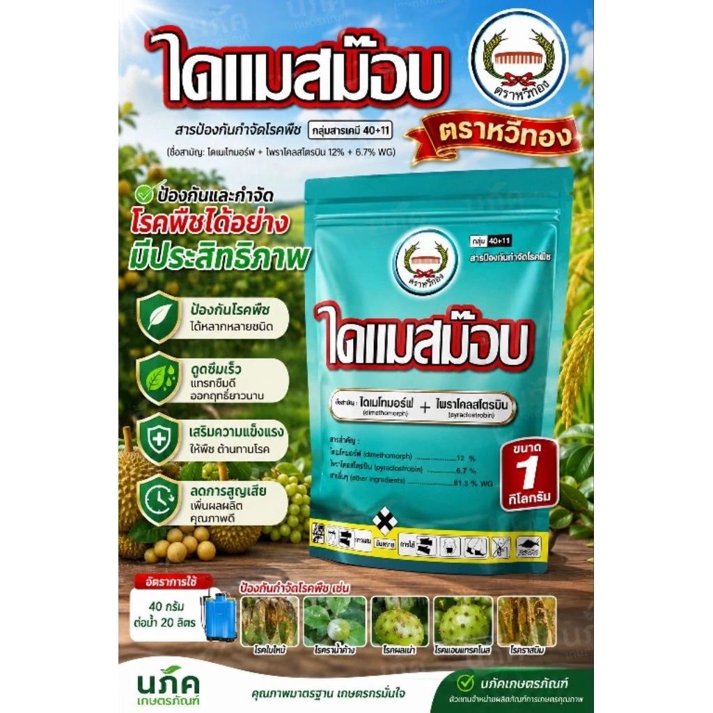 ไดแมสม๊อบ 1 กิโลกรัม ไดเมโทมอร์ฟ 12% + ไพราโคลสโตรบิน 6.7% WG รักษาโรคฟิวซาเรียมในทุเรียน ตราหวีทอง