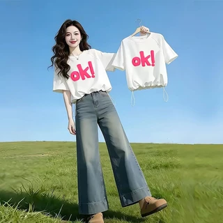 เสื้อครอปสาวอวบ oversize สไตล์ใหม่สำหรับฤดูร้อน มีเชือกผูก เสื้อยืดแขนสั้นทรงหลวมผู้หญิง ช่วยให้ดูผอมเพรียว สวมใส่สบาย