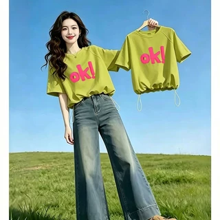 เสื้อครอปสาวอวบ oversize สไตล์ใหม่สำหรับฤดูร้อน มีเชือกผูก เสื้อยืดแขนสั้นทรงหลวมผู้หญิง ช่วยให้ดูผอมเพรียว สวมใส่สบาย