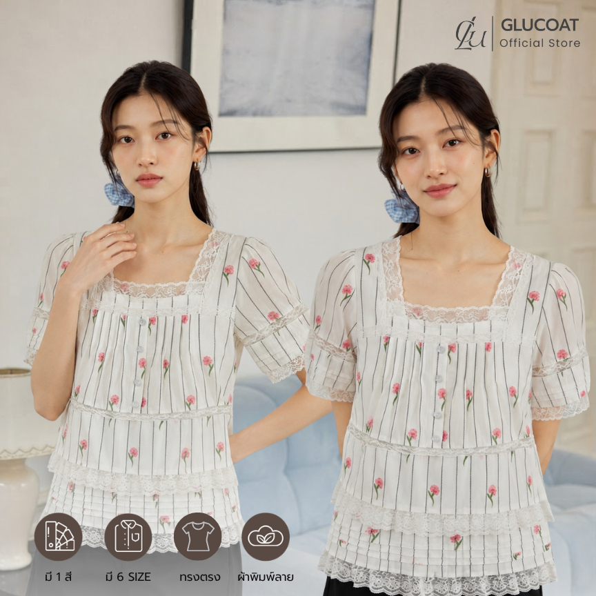 Glucoat | [A808] เสื้อคอเหลี่ยมแขนจั๊มสีขาว พิมพ์ลายดอกไม้ ชายระบายแต่งลูกไม้ ซิปหลังยาว