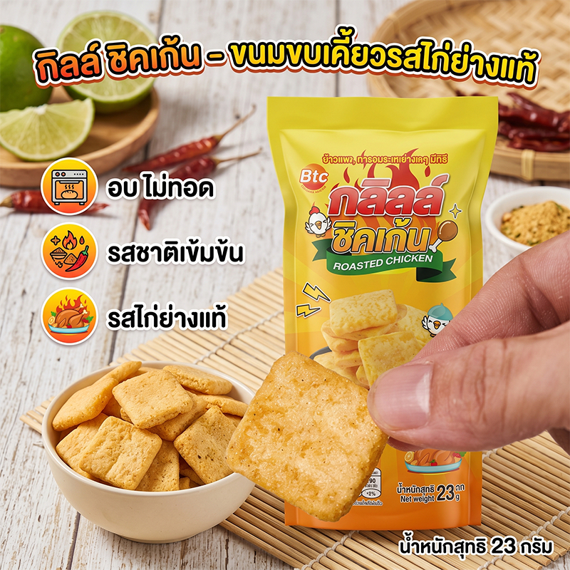ขนมข้าวโพดอบกรอบ BTC รสไก่ย่าง Roasted Chicken Corn Snack ขนมขบเคี้ยว ทานเพลิน 23 กรัม