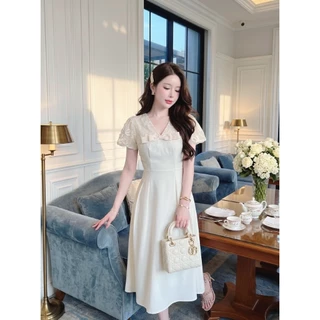[NITTAYA] D2934 ชุดเดรสเวียดนามคอวีแขนตุ๊กตาผ้าปักลายดอกดีเทลแต่งโบว์กระเป๋าข้าง สวยหรูดูแพง ใส่ออกงาน ดินเนอร์ คาเฟ่