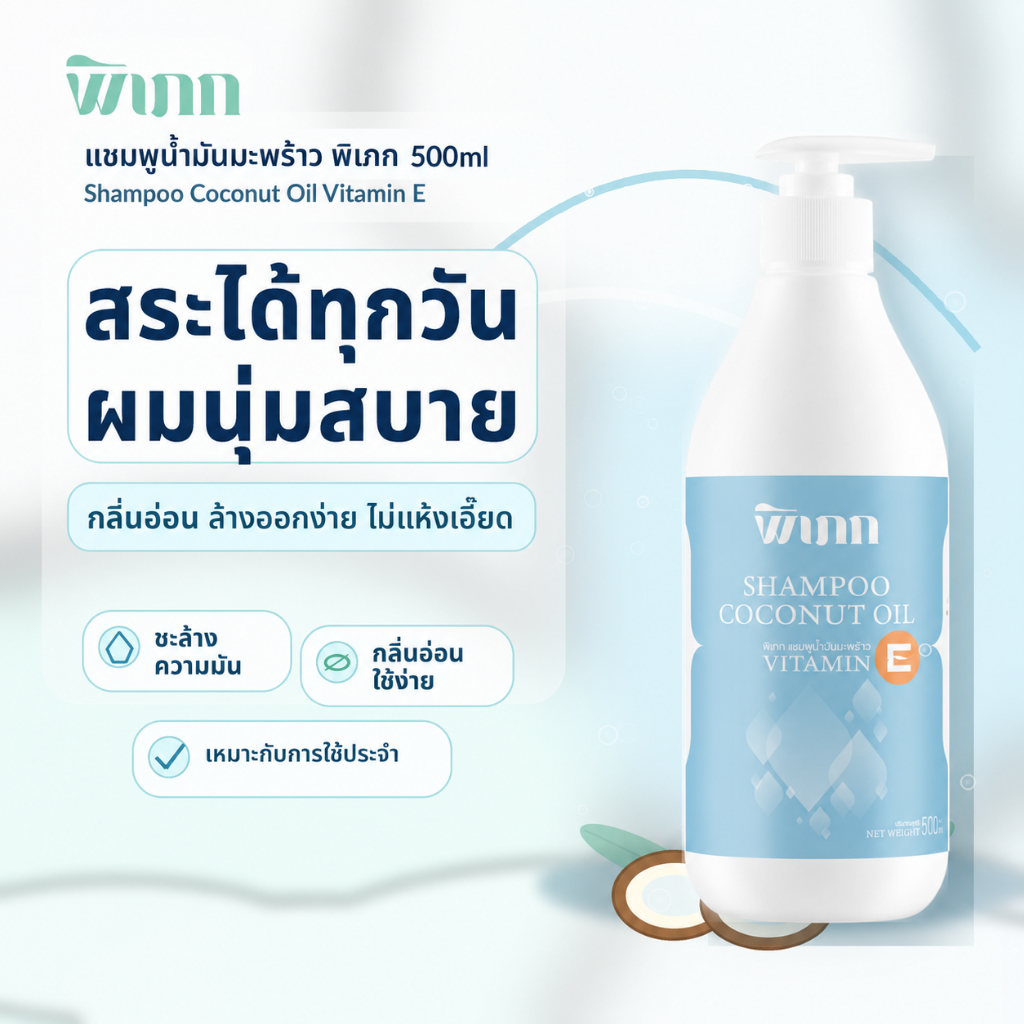 แชมพูมะพร้าว พิเภก 500ml Coconut Oil Vitamin E ใช้ได้ทุกวัน ผมนุ่มสบาย