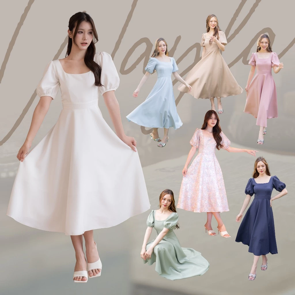 Wayla Belle (White/Primrose/Sandy/Sage/Rainy/Navy) - เดรสคอสี่เหลี่ยม กระโปรงทรงย้วย