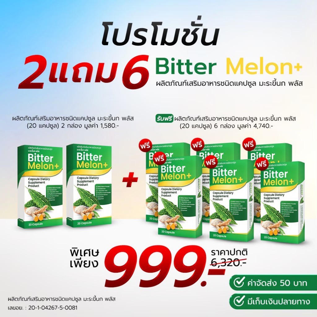 Bitter Melon Powder (มะระขี้นก) - 2 แถม 6 - ผลิตภัณฑ์เสริมอาหารชนิดแคปซูล ขนาด 20 แคปซูล