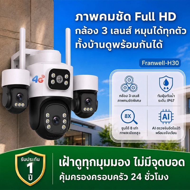Franwell V380 กล้องวงจรปิด กล้องกันขโมย 3Lens IP WIFI CCTV 4K 10X ขยาย 12MP นน้ำ กันฝุ่น Night vision
