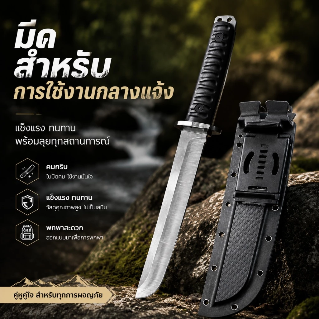 มีดกลางแจ้งสแตนเลส 8Cr18MoV ใบหนา 4.7มม. ยาวรวม 36ซม. ใบมีด 20ซม. น้ำหนัก 376กรัม แถมปลอกพกพา เหมาะเดินป่า แคมป์ปิ้ง