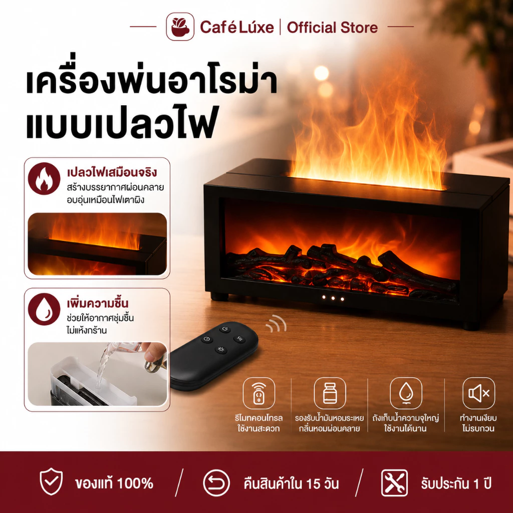 เครื่องพ่นอโรมาเปลวไฟ มีรีโมท ตั้งเวลาได้ ไฟLED เพิ่มความชื้น เครื่องพ่นไอน้ำ aroma diffuser