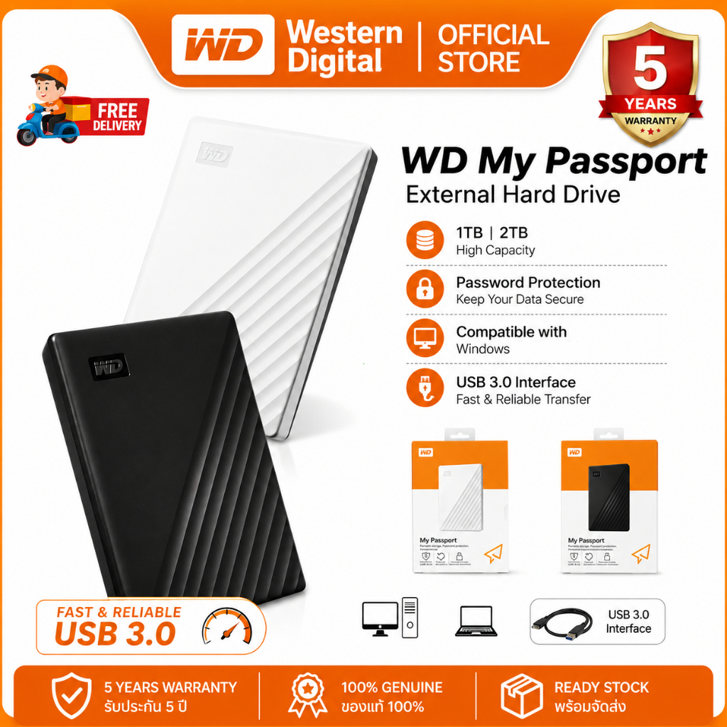 【รับประกัน 5 ปี】Western Digital My Passport External Harddisk 1TB 2TB USB3.0 ฮาร์ดดิสก์พกพา External