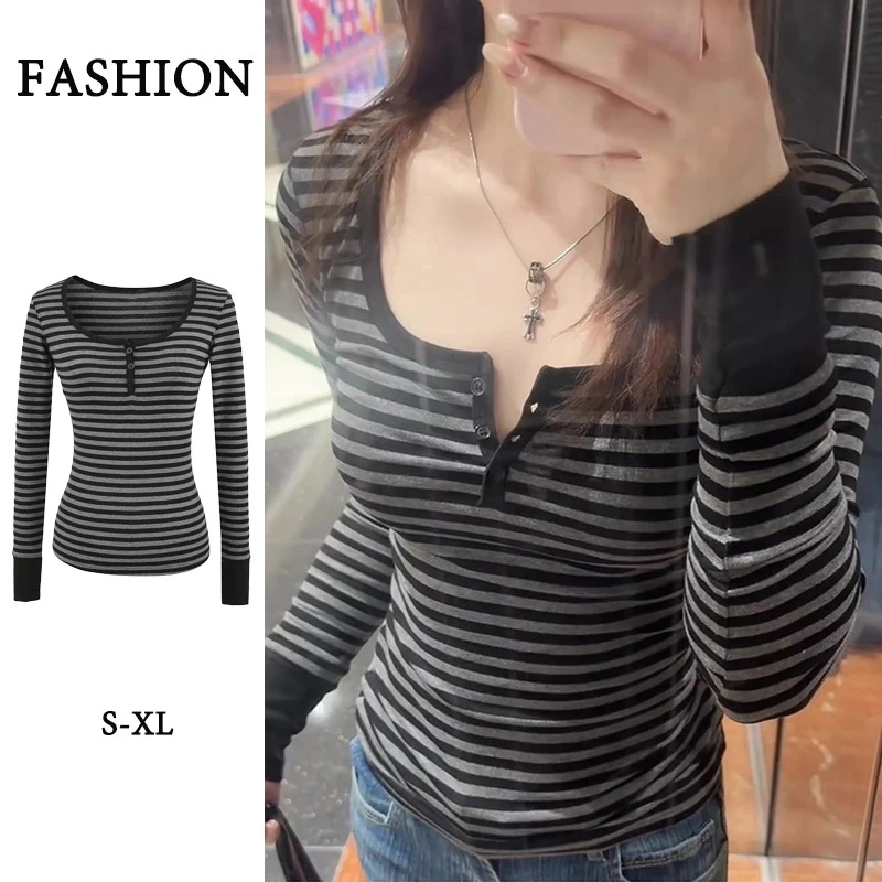 🛒ส่งจากไทยทุกวัน 🌈เสื้อยืดแขนยาวสำหรับผู้หญิง เซ็กซี่ลายทาง สไตล์วินเทจ การออกแบบปุ่ม คอกลม Slim fit #F080