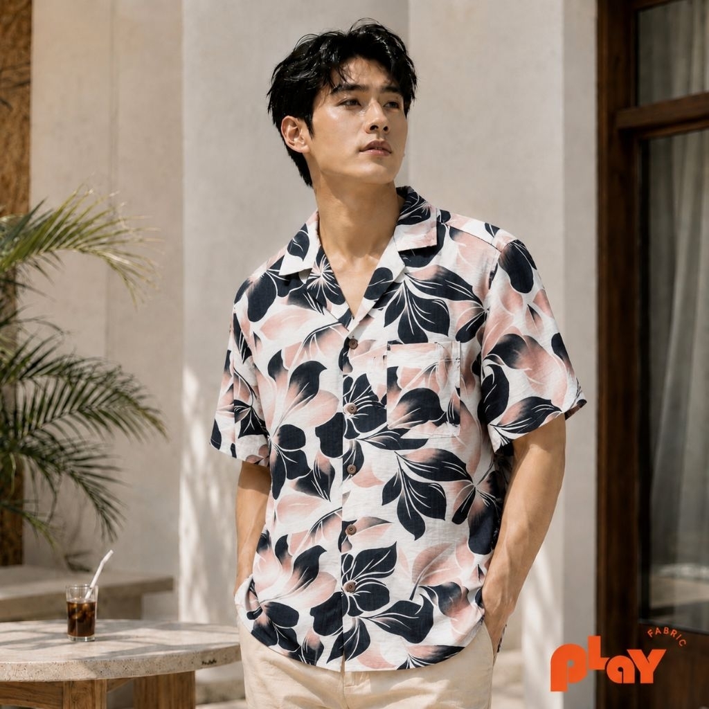 [New Arrival] เสื้อฮาวายฮาวายผ้าไหมฝรั่งเศส ลายพิมพ์ใบไม้คลาสสิก คุมโทนสีขาว-ดำ-ชมพูพาสเทล Shadow Leaf ใส่สบาย ผลิตในไทย