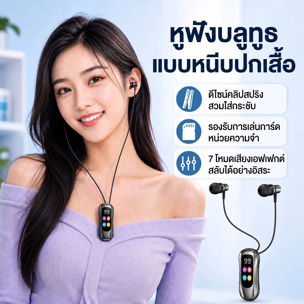 หูฟังบลูทูธแบบหนีบ หูฟังไร้สายเล่นเกม เกมมิ่งเกียร์ มีไมค์โครโฟน HD มีซาวด์การ์ดในตัว แบตอึด โหมดการ์ด TF MP3