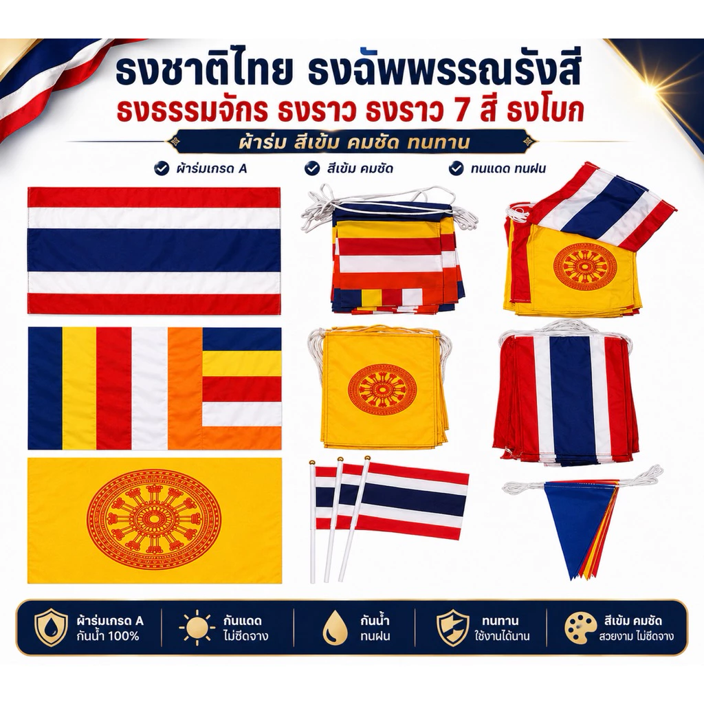 ธงชาติไทย ธง ธงฉัพพรรณรังสี ธง ธงธรรมจักร ธงราว ธงราว 7 สี ธงโบก ผ้าร่ม สีเข้ม คมชัด ทนทาน