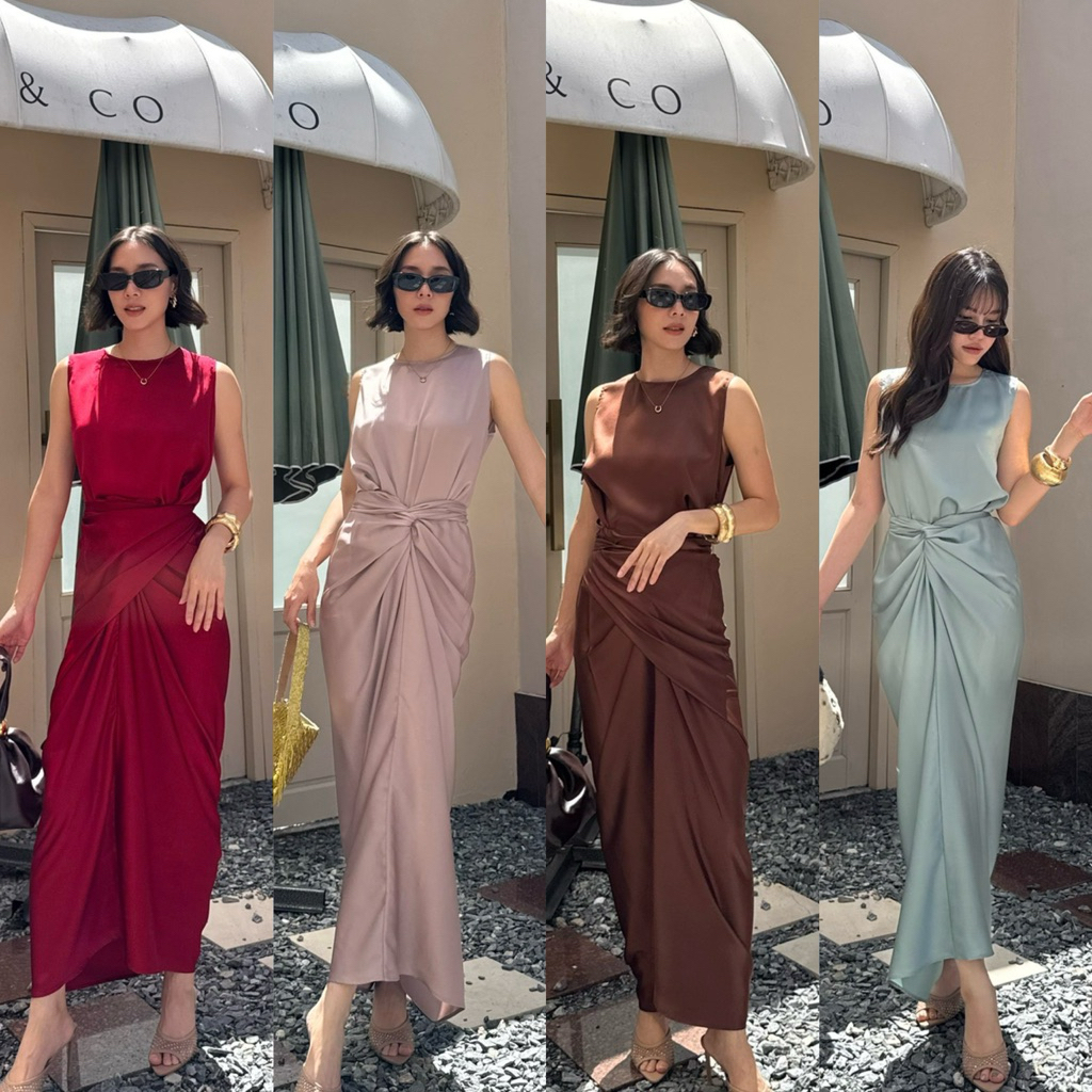 Somethingelf Ulani เดรสยาวแขนกุด จีบจีบขอบเอวหลัง ดีไซน์ด้านหน้าป้ายหน้าผูกเอวเหรือบิดเกลียวหน้าแล้วผูกก็เก๋