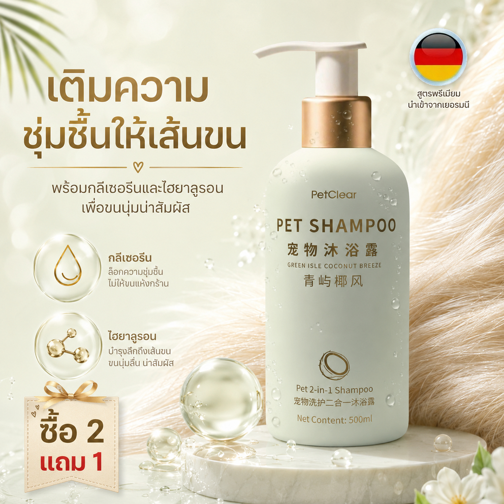 แชมพูสัตว์เลี้ยง PetClear 2 in 1 ซื้อ 2 ฟรี 1 ลดกลิ่นไม่พึงประสงค์ ขนนุ่มหวีง่าย
