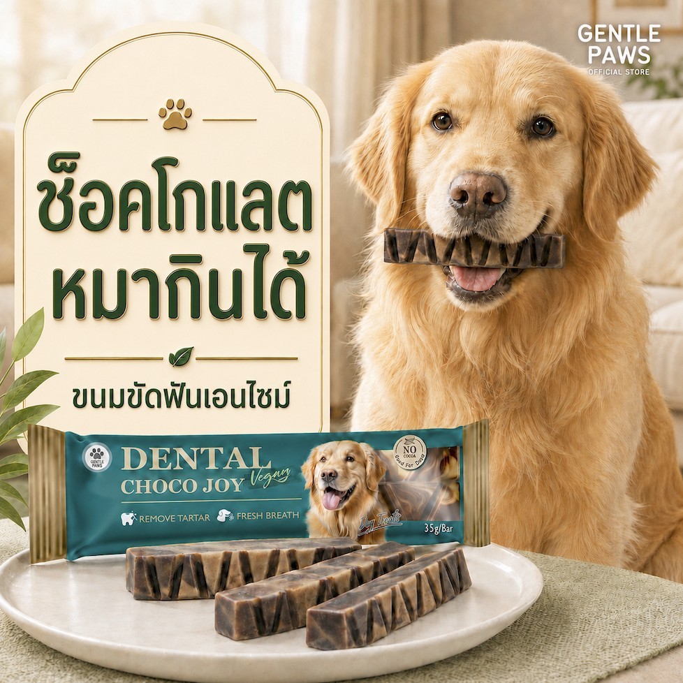 Gentle Paws ขนมขัดฟันสุนัข Dental Choco Joy ขนมขัดฟันเอนไซม์ รูปทรงช็อกโกแลต ทำจากคารอบ ขนมสุนัข (Vegan) 1 แท่ง 35g
