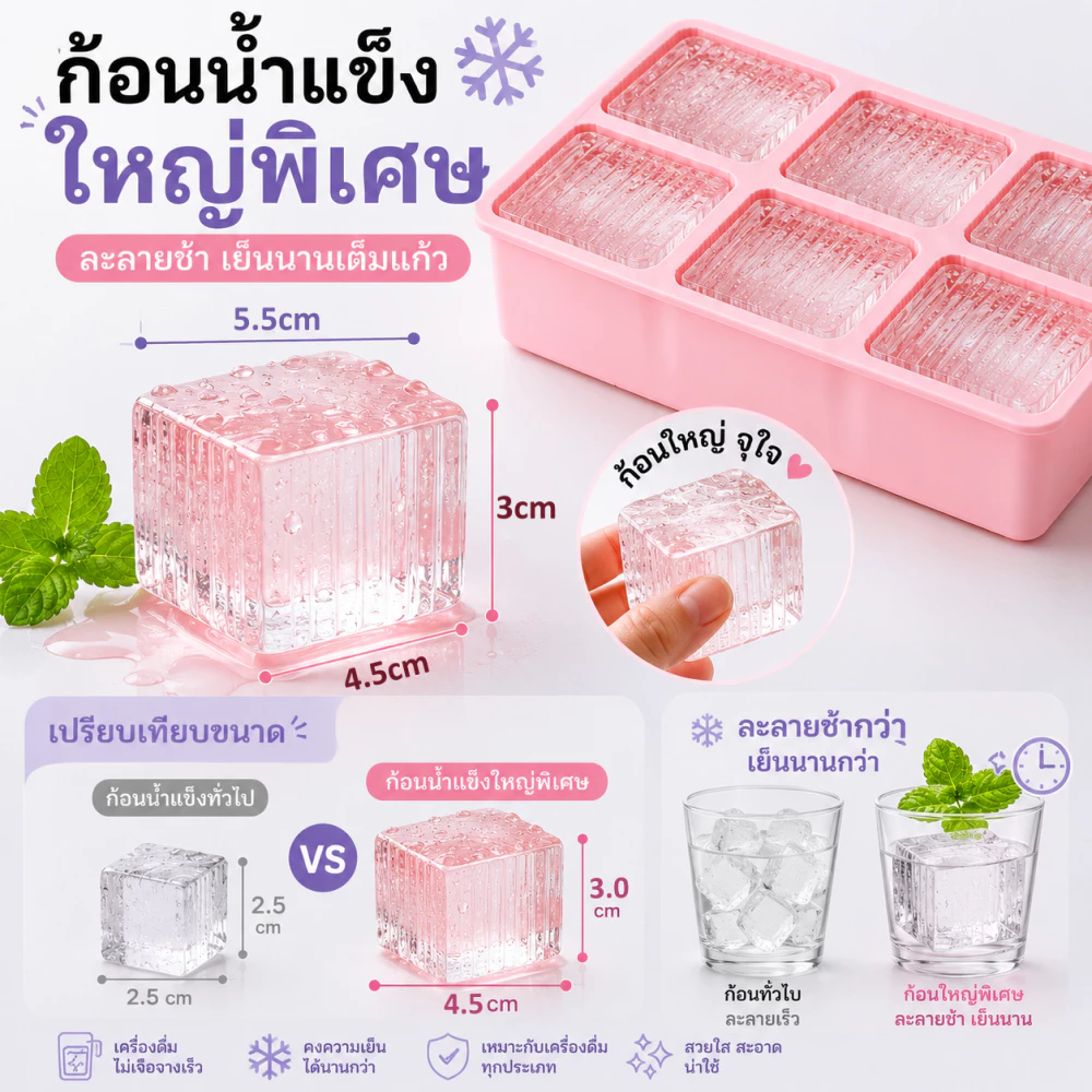 ถาดทำน้ำแข็งซิลิโคน แม่พิมพ์น้ำแข็งซิลิโคนขนาดใหญ่ 6/9 ช่อง พร้อมฝาปิด ถอดง่าย สะอาด ปลอดภัย ยืดหยุ่นดี ไม่เสียรูปทรง