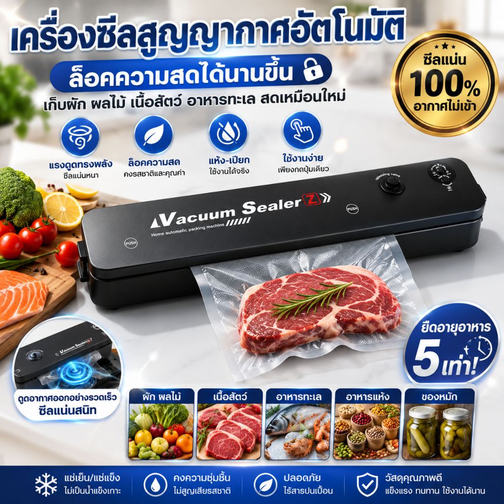 เครื่องซีลสูญญากาศ Vacuum Sealer เครื่องซีลอาหารสด ใช้กับถุงพลาสติกหรือถุงอาหารสูญญากาศ พกพาได้ มีถุง
