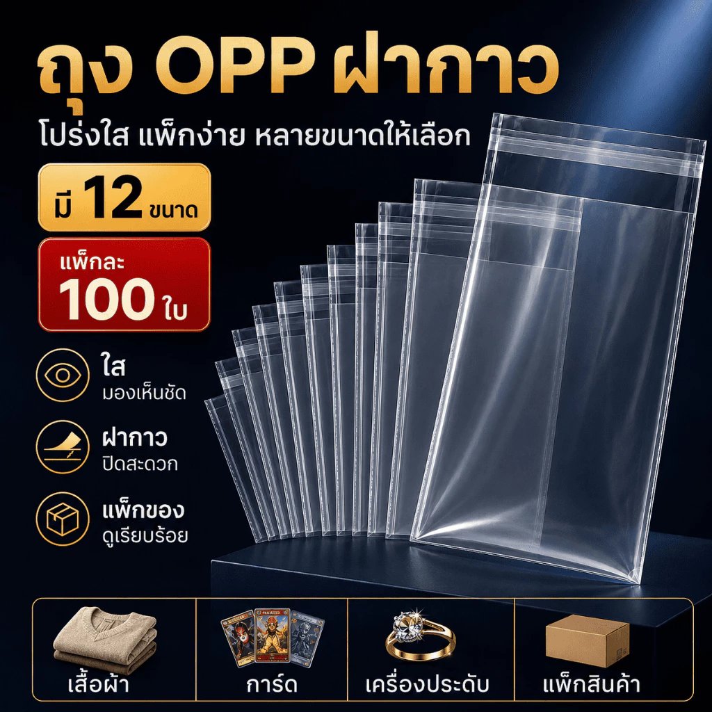 ถุง OPP กาวในตัว ถุงใสแพ็กสินค้า ถุงใสใส่ของ ถุงแพ็กเสื้อผ้า การ์ด เครื่องประดับ หลายขนาด