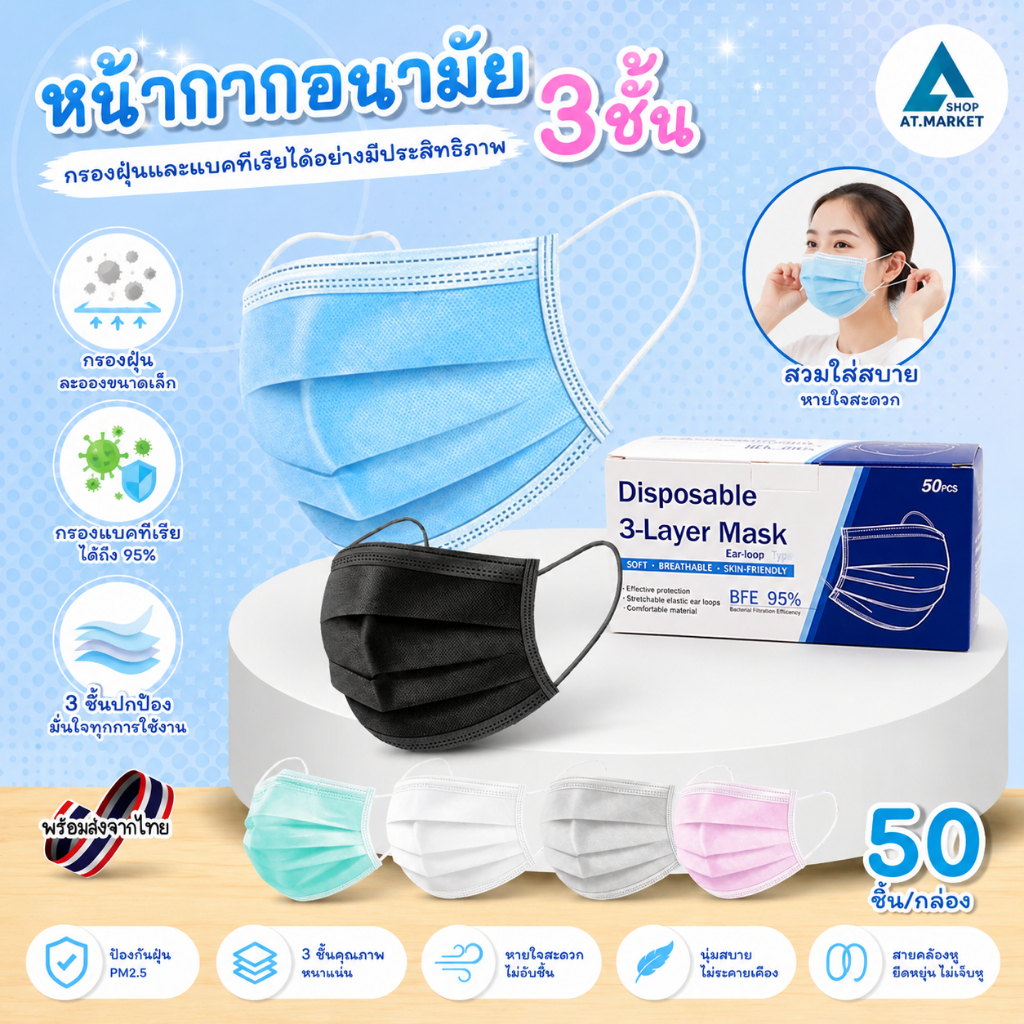 AT.Market หน้ากากอนามัย 3 ชั้น หน้ากากผู้ใหญ่ ป้องกันฝุ่นละออง สิ่งสกปรก ป้องกันละอองน้ำ 1 กล่อง / 5