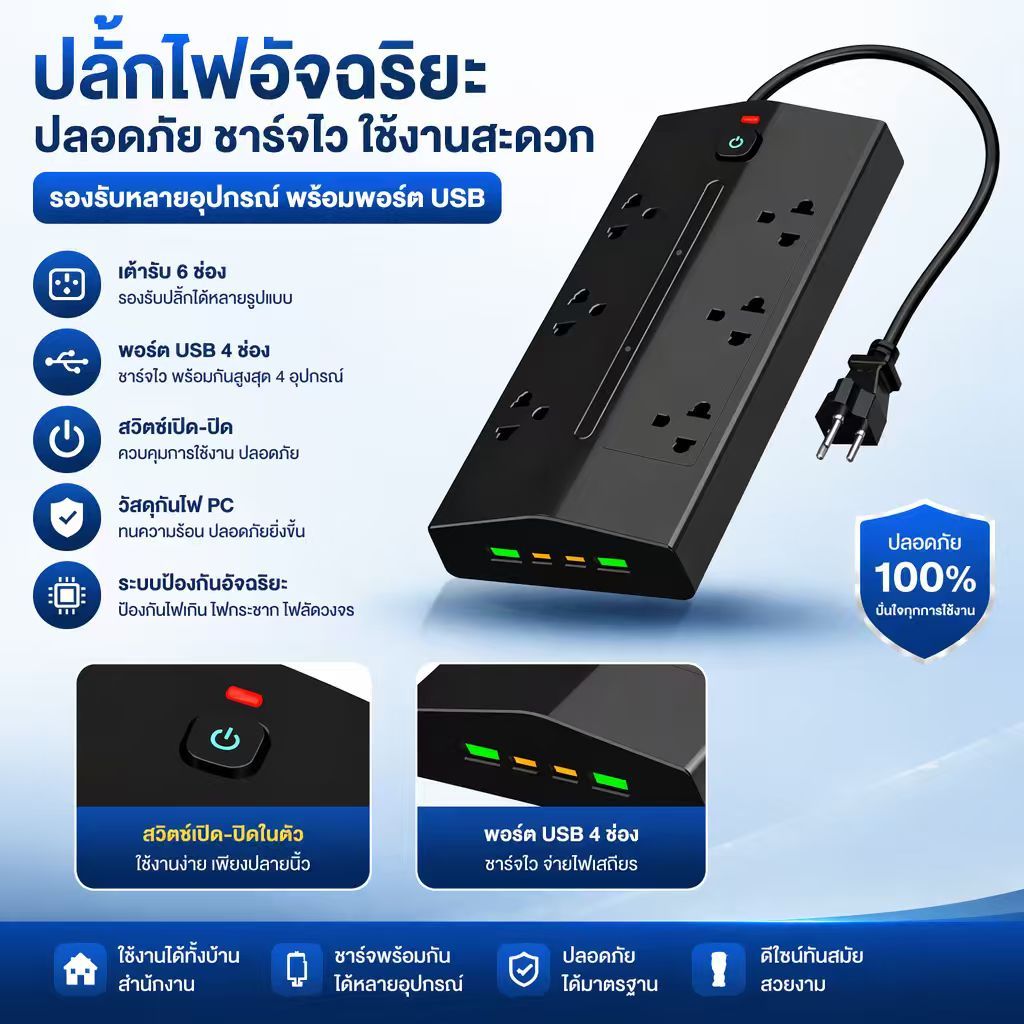 JFKDX รางปลั๊กหลายรูแบบเอียงมาตรฐานไทย กำลังไฟ 2300w สายไฟ 2M พร้อมพอร์ตชาร์จ 2USB-A + 2Type-C