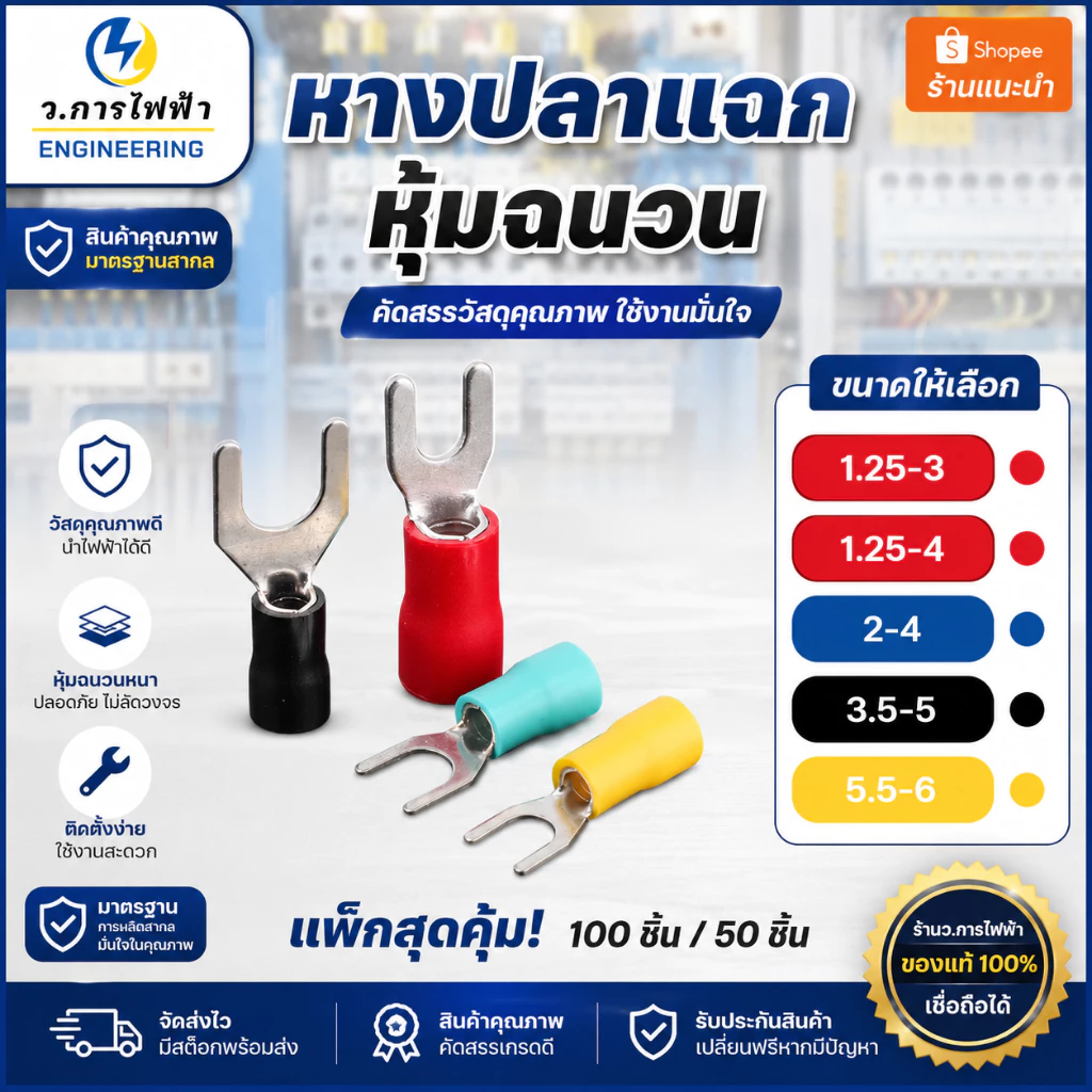 หางปลาแฉกหุ้มSV1.25-3,1.25-4, SV2-4, SV3.5-3, SV5.5-5SV lnsulated Terminalsหางปลาแฉกหุ้ม(50,100ชิ้น)