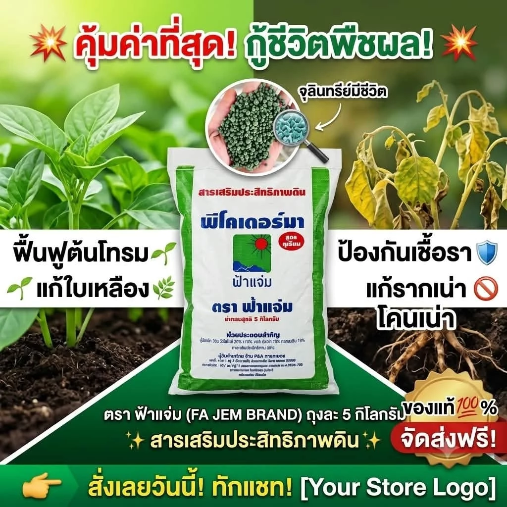 พีโคเดอร์มา ไตรโคเดอร์มาอัดเม็ด ตราฟ้าแจ่ม (ถุงละ 5 กิโลกรัม จำนวน 2 ถุง) ใช้ป้องกัน รักษาเชื้อราโรคพืชทางดิน