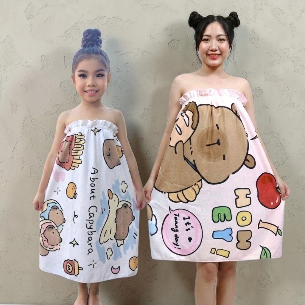 กระโจมอกอาบน้ำลายการ์ตูน ผ้านุ่งอาบน้ำใส่ยางยืด สำหรับอก 24-38"ผ้าคลุมอาบน้า