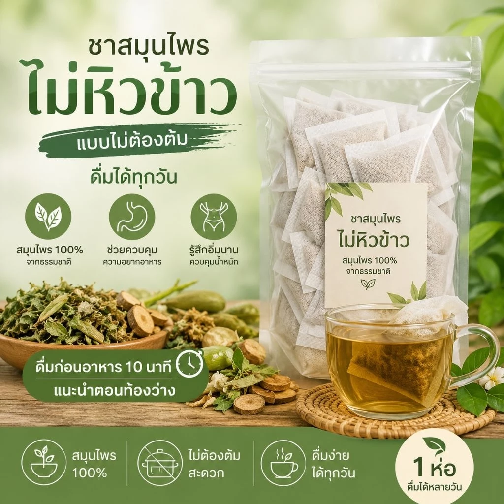 ชาไม่หิวข้าว [ทำให้กินได้น้อยลง ลดการอยากอาหาร] สมุนไพร100%