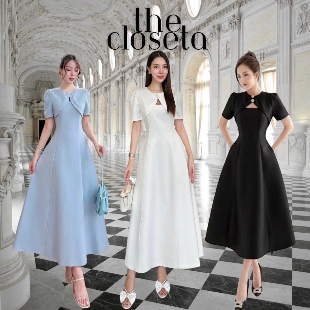 THE CLOSETA : LB84 ชุดเดรสออกงานแขนสั้นคอกลมแต่งกระดุมมุกผ้าสูท