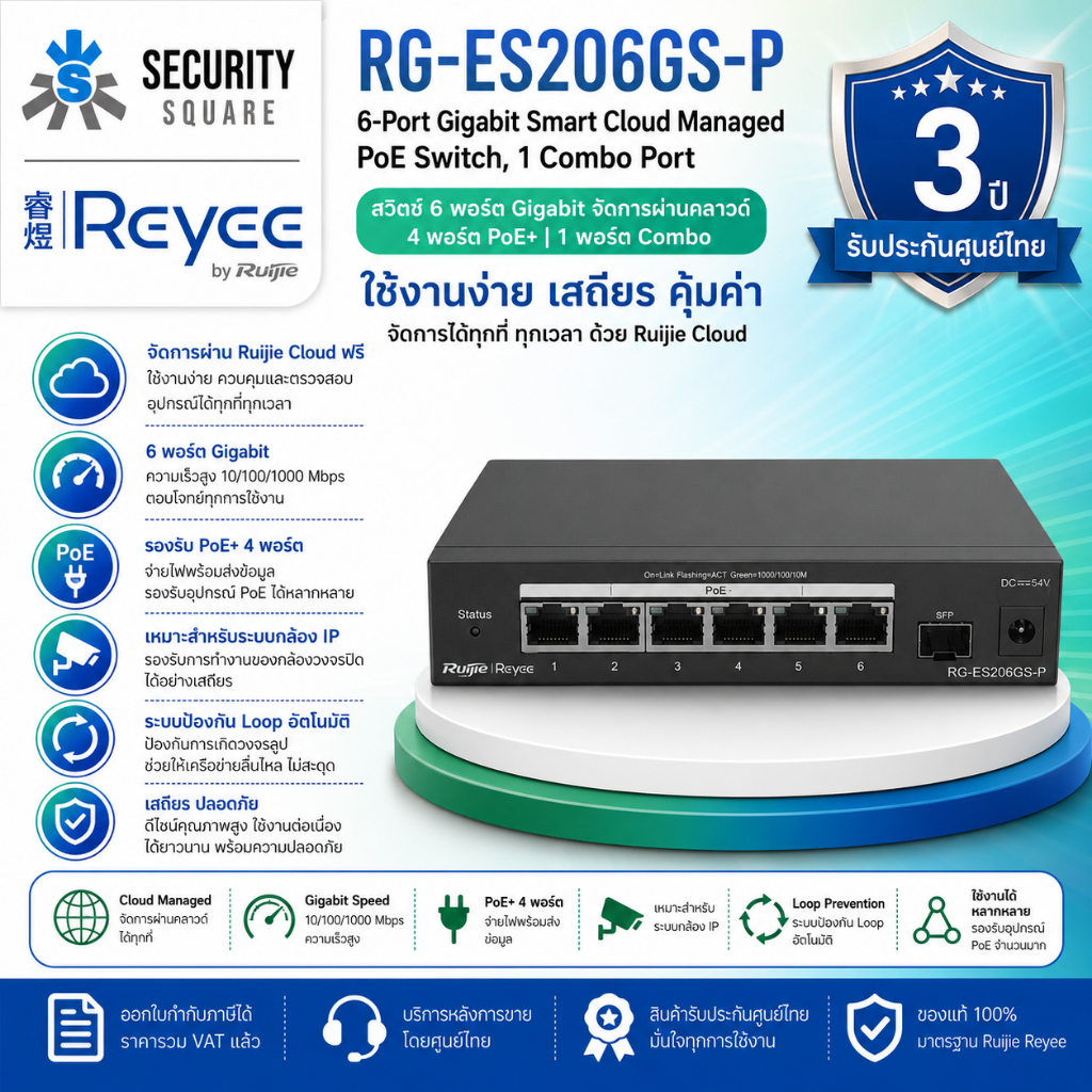 [ส่งด่วน] Ruijie Reyee RG-ES206GS-P สวิตช์ 6 Port Gigabit Smart Cloud Managed PoE + 1 Combo Port [ปร