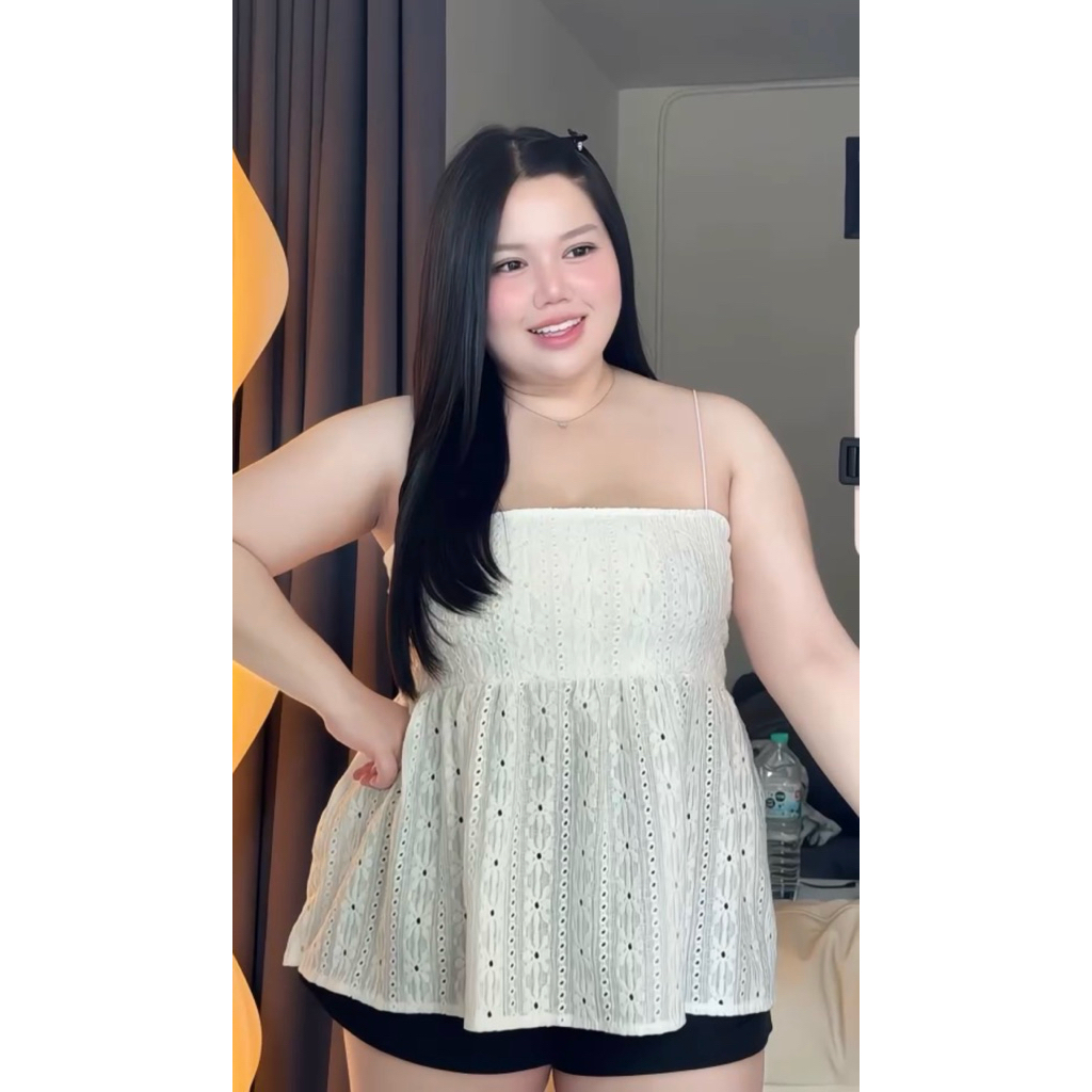 ร 03 ใหม่ สายเดี่ยวยางยืดผ้าฉลุ สม็อคหลังสำหรับสาวอวบ อก38-46