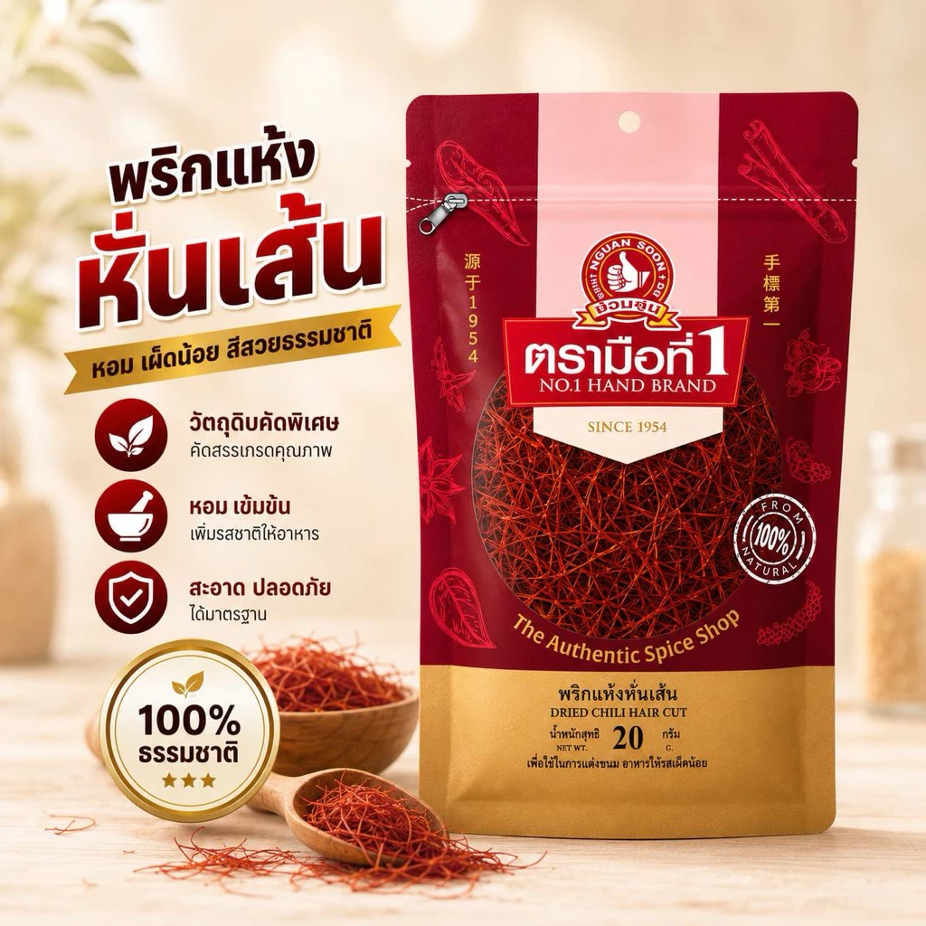 พริกแห้งหั่นเส้น20กรัม ตรามือที่1 แพคเกจจิ้งสีแดงและสีทอง
