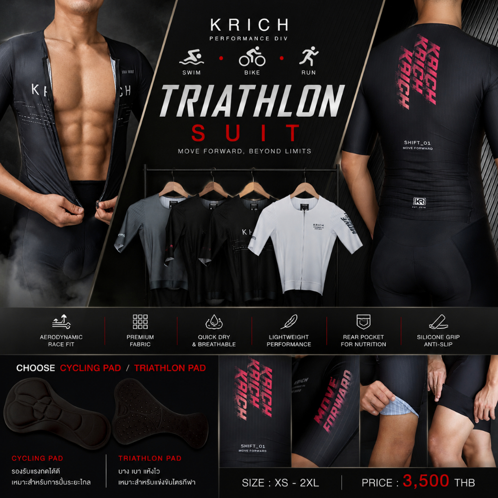 KRICH TRIATHLON SUIT ชุดไตรกีฬาสำหรับ |Swim|Bike|Run นักไตรกีฬาและนักปั่นที่ต้องการความคล่องตัว น้ำหนักเบา และกระชับ