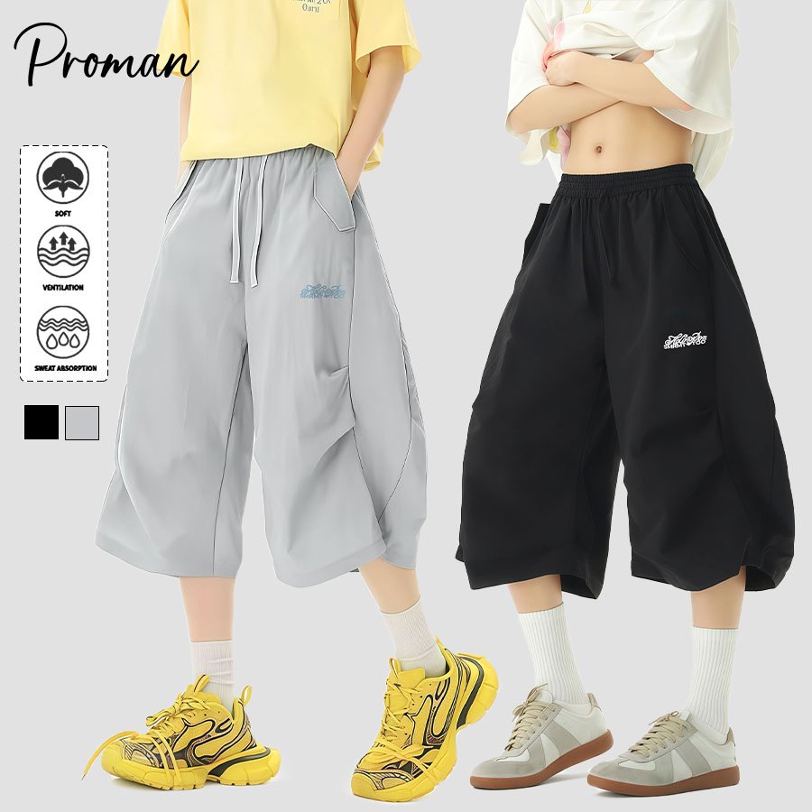 PROMANกางเกงกีฬาสําหรับผู้ชาย  ผ้าน้ําแข็งแห้งเร็ว รุ่นขากว้าง  ดึงสายรัดที่เอวกางเกง สไตล์นิวทรัล  พาทิค ใส่ได้ทั้งชายแ