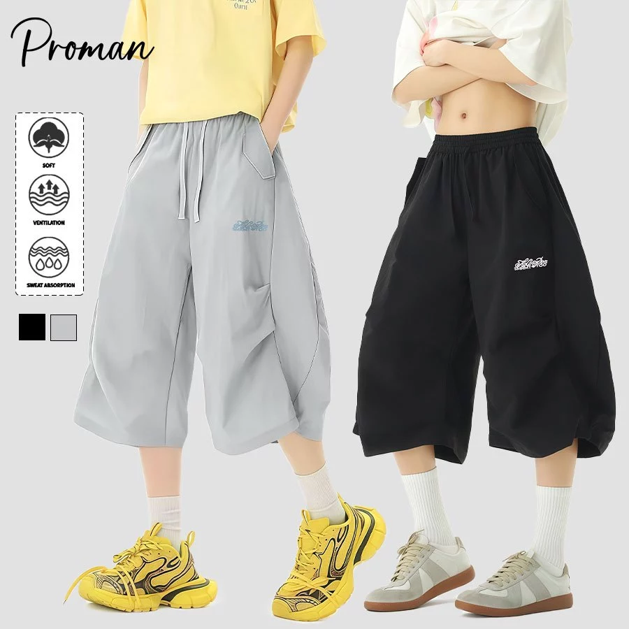PROMANกางเกงกีฬาสําหรับผู้ชาย ผ้าน้ําแข็งแห้งเร็ว รุ่นขากว้าง ดึงสายรัดที่เอวกางเกง สไตล์นิวทรัล พาทิค ใส่ได้ทั้งชายแ