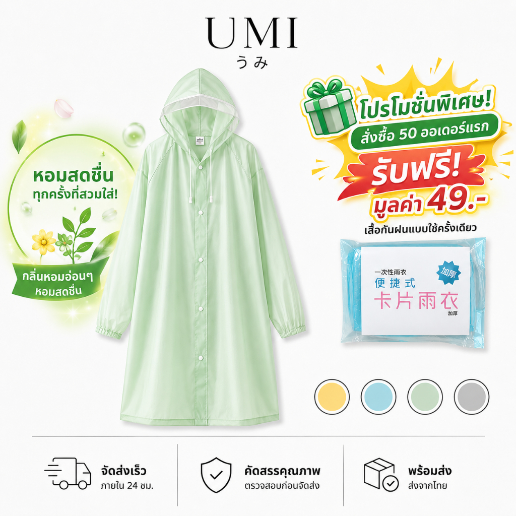 【พร้อมส่ง🚚】UMI เสื้อกันฝน กลิ่นหอม PEVA  กันน้ำ100% เสื้อกันฝนผู้ใหญ่ มีฮู้ด พกพาง่าย แห้งไว ระบายอากาศ