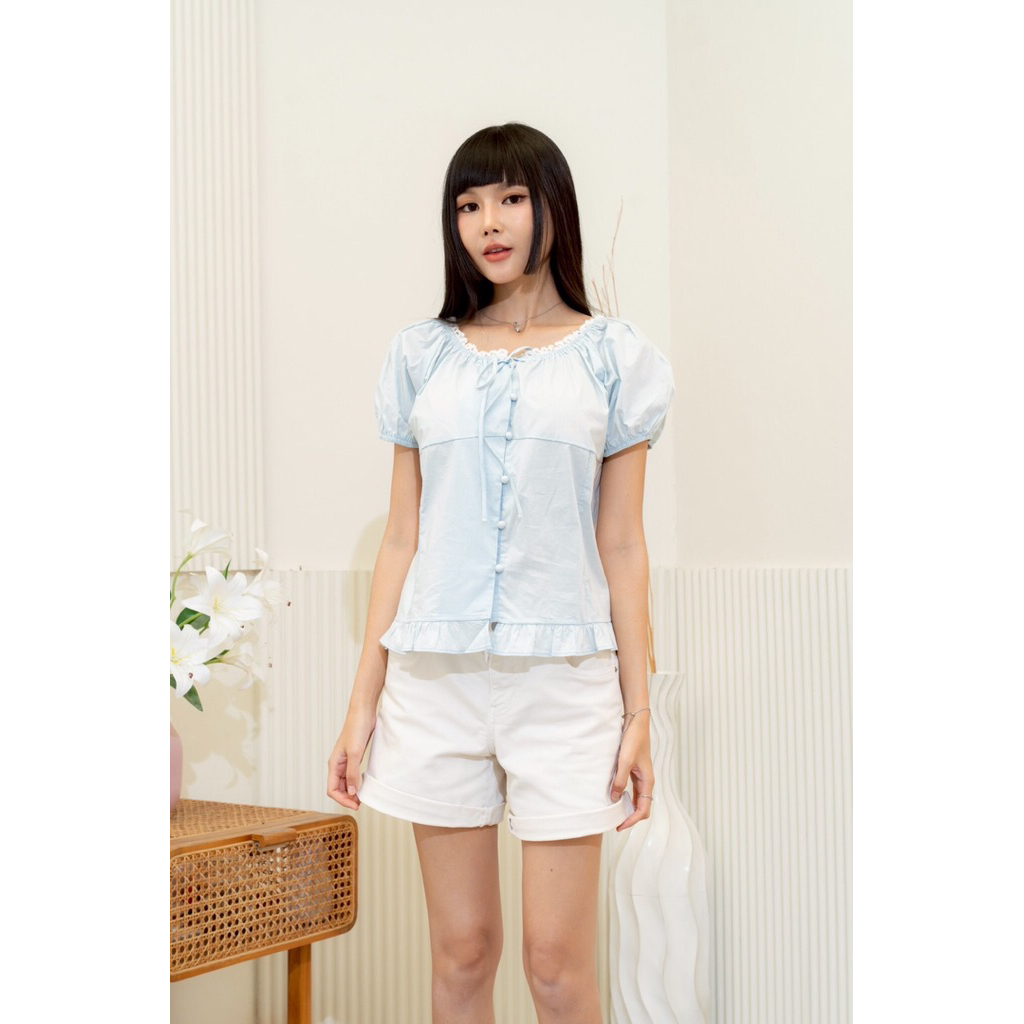 Numsha Brand เสื้อแขนสั้นคอระบายผูกโบว์ 2718 / NB25123