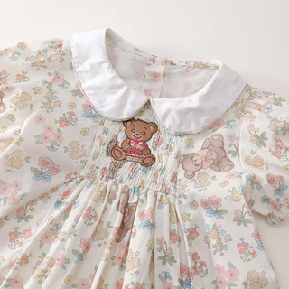Hania kids พร้อมส่ง เดรสเจ้าหญิงตัวน้อย ลายหมีน้อยดอกไม้ละมุน ดีไซน์คอปกย้อนยุค K5125615