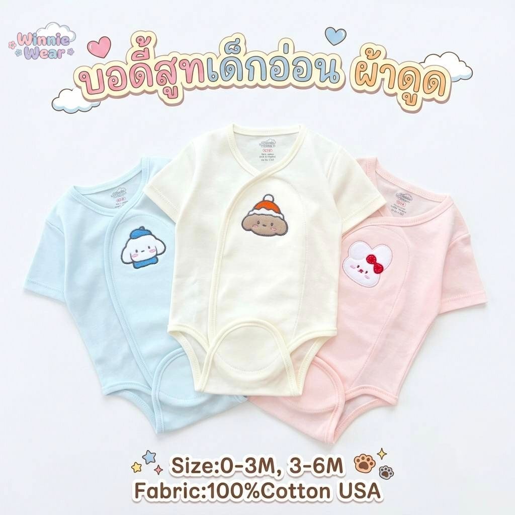 Winnie wear บอดี้สูทผ้าดูด ชุดเด็กแรกเกิด-6เดือน Size : 0-3 3-6 เดือน (1ตัว)