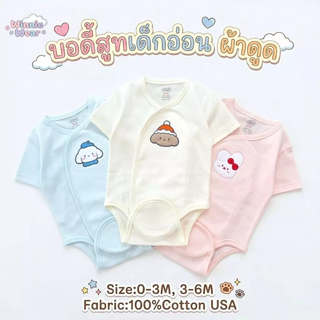 Winnie wear บอดี้สูทผ้าดูด ชุดเด็กแรกเกิด-6เดือน Size : 0-3 3-6 เดือน (1ตัว)