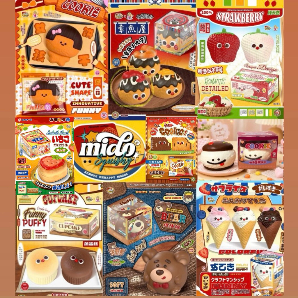 [พร้อมส่ง ] Mido สกุชชี่ ทาโกะยากิ สตอเบอรี่ คุ้กกี้ม้าเต่อ ไอศครีม และผองเพื่อนอีกมากมาย squishy ของแท้