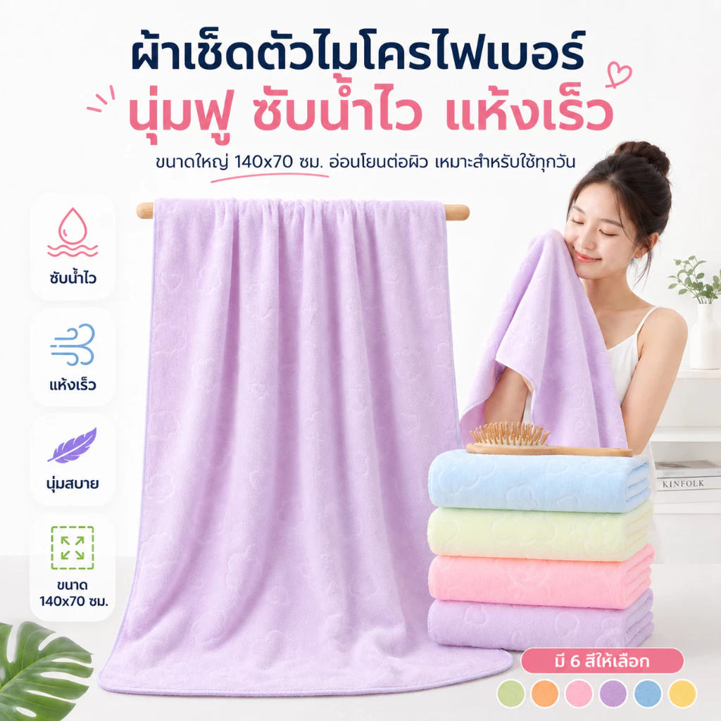YJQ-02【140กรัม】ขนาด 140x70 ซม. ผ้าเช็ดตัว ผ้าขนหนู นาโน สีพื้น ปั้มลาย แบบบาง เหมาะกับเด็กและผู้ใหญ่