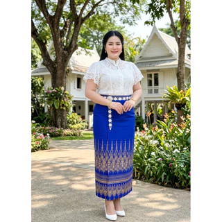 ผ้าถุงลายไทย ผ้ายืดสกินนี่ เอวยืด ทรงป้ายลายแพวา สาวอวบ ผ้าถุงสำเร็จรูป
