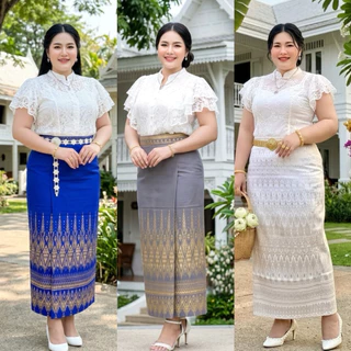 ผ้าถุงลายไทย ผ้ายืดสกินนี่ เอวยืด ทรงป้ายลายแพวา สาวอวบ ผ้าถุงสำเร็จรูป