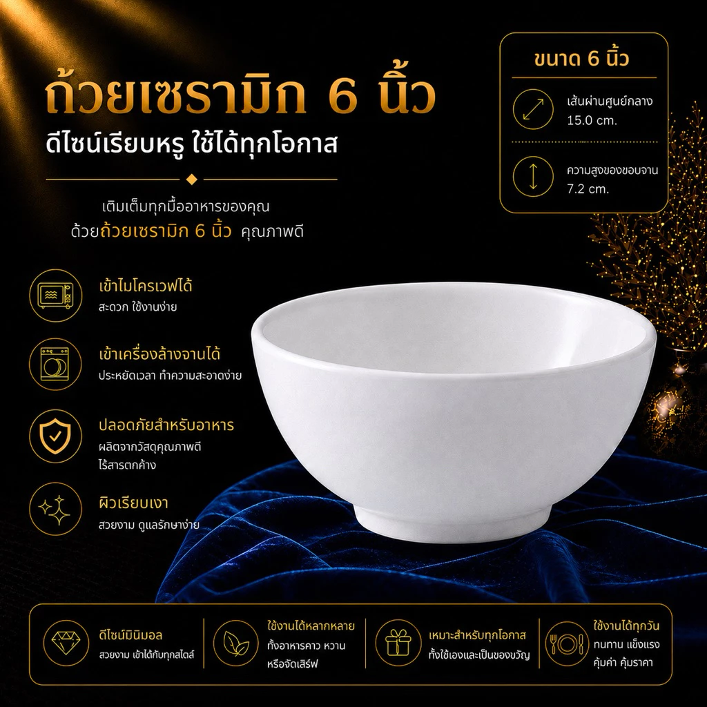 ถ้วยเซรามิก สีขาว ใส่ไมโครเวฟได้ ขนาด 6 นิ้ว