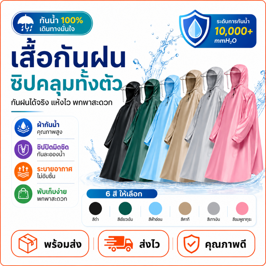 เสื้อกันฝนผู้ใหญ่ ไซส์ใหญ่พิเศษ สะท้อนน้ำ ผ้าหนาอย่างดี ชุดกันฝน สำหรับขี่มอเตอร์ไซค์ unisex