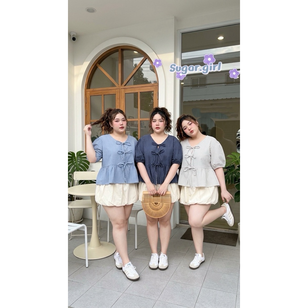 (ส่งด่วน) Cotton blue top เสื้อพริ้วๆแขนตุ๊กตา bigsize อก 40-60“