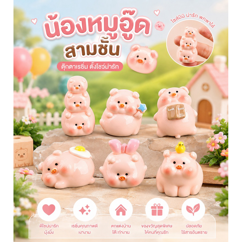 พร้อมส่งในไทย น้องหมูอู๊ด ตุ๊กตาเรซิ่น ชุดครบเซต 6 ตัว