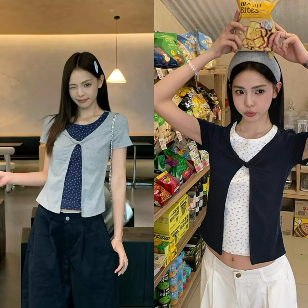 📍พร้อมส่ง📍10181# เสื้อแขนสั้นทูโทน ด้านในเย็บติดเสื้อลายดอก เนื้อผ้าดีทรงสวย   TAG:WG.WE 🇰🇷
